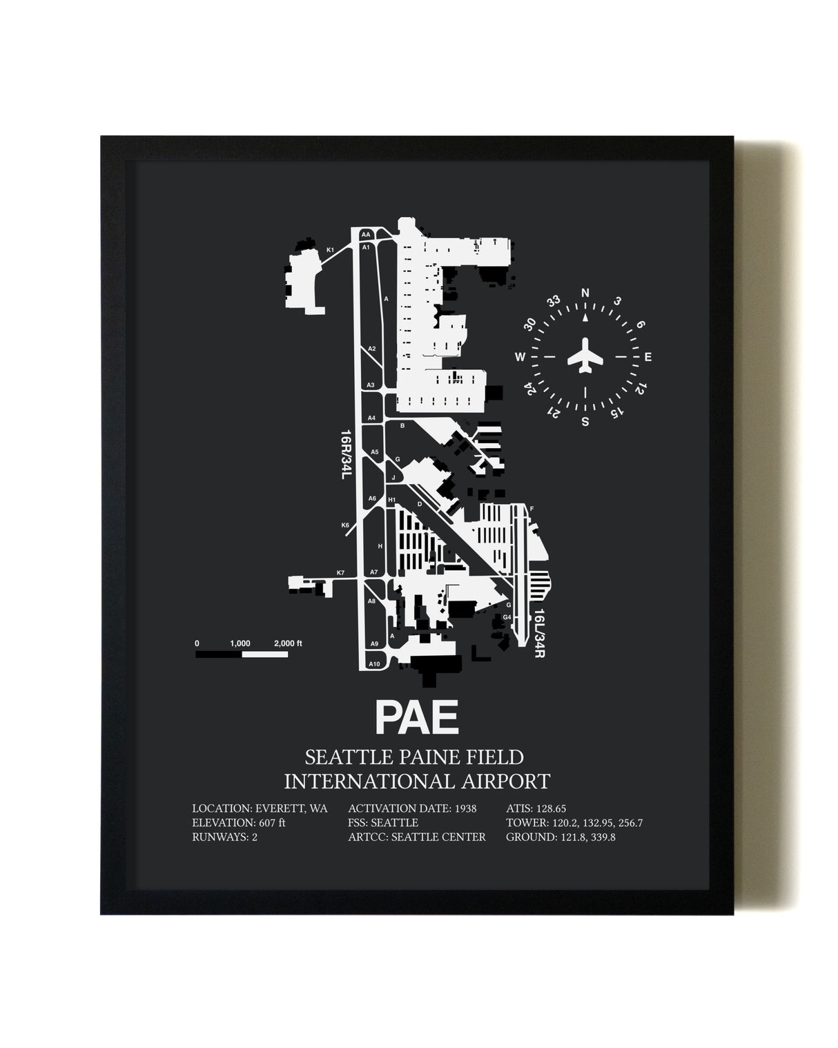 Unframed Seattle Paine Field International Airport map print poster