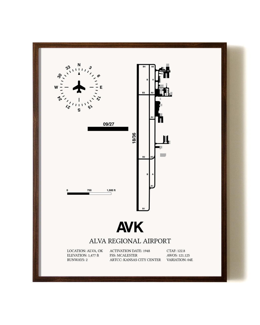 Alva Regional Airport aviation print in walnut frame
