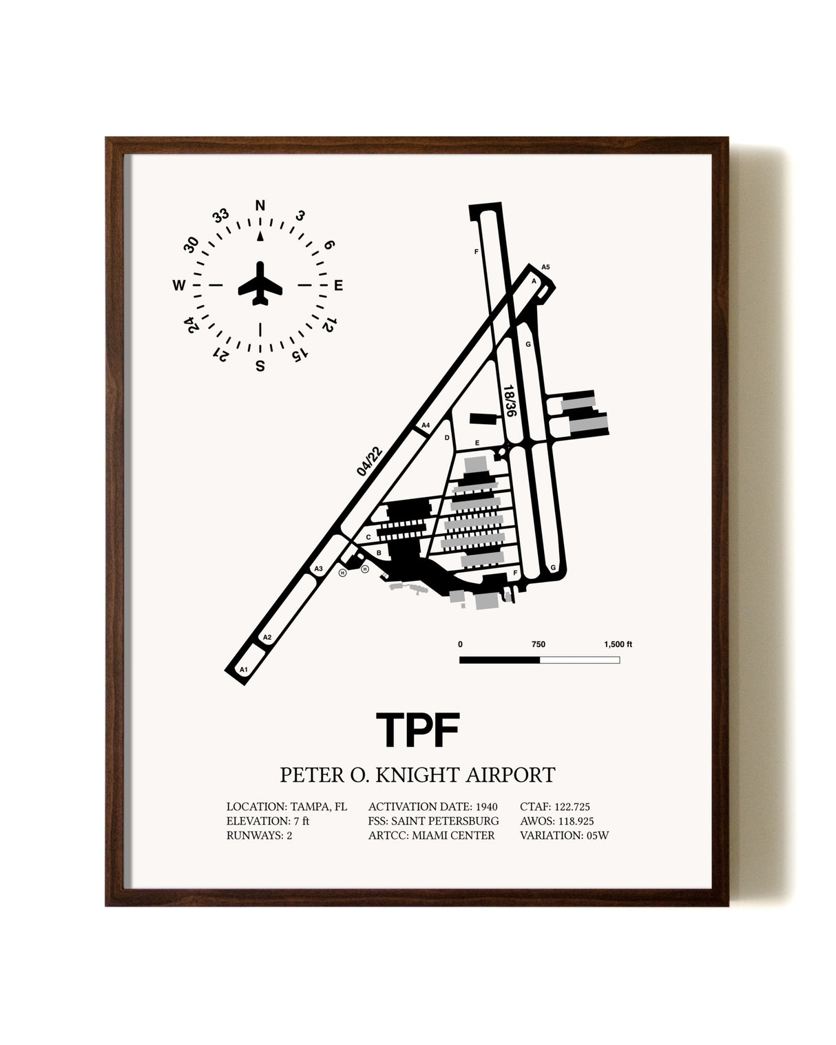 Peter O. Knight Airport aviation print in walnut frame