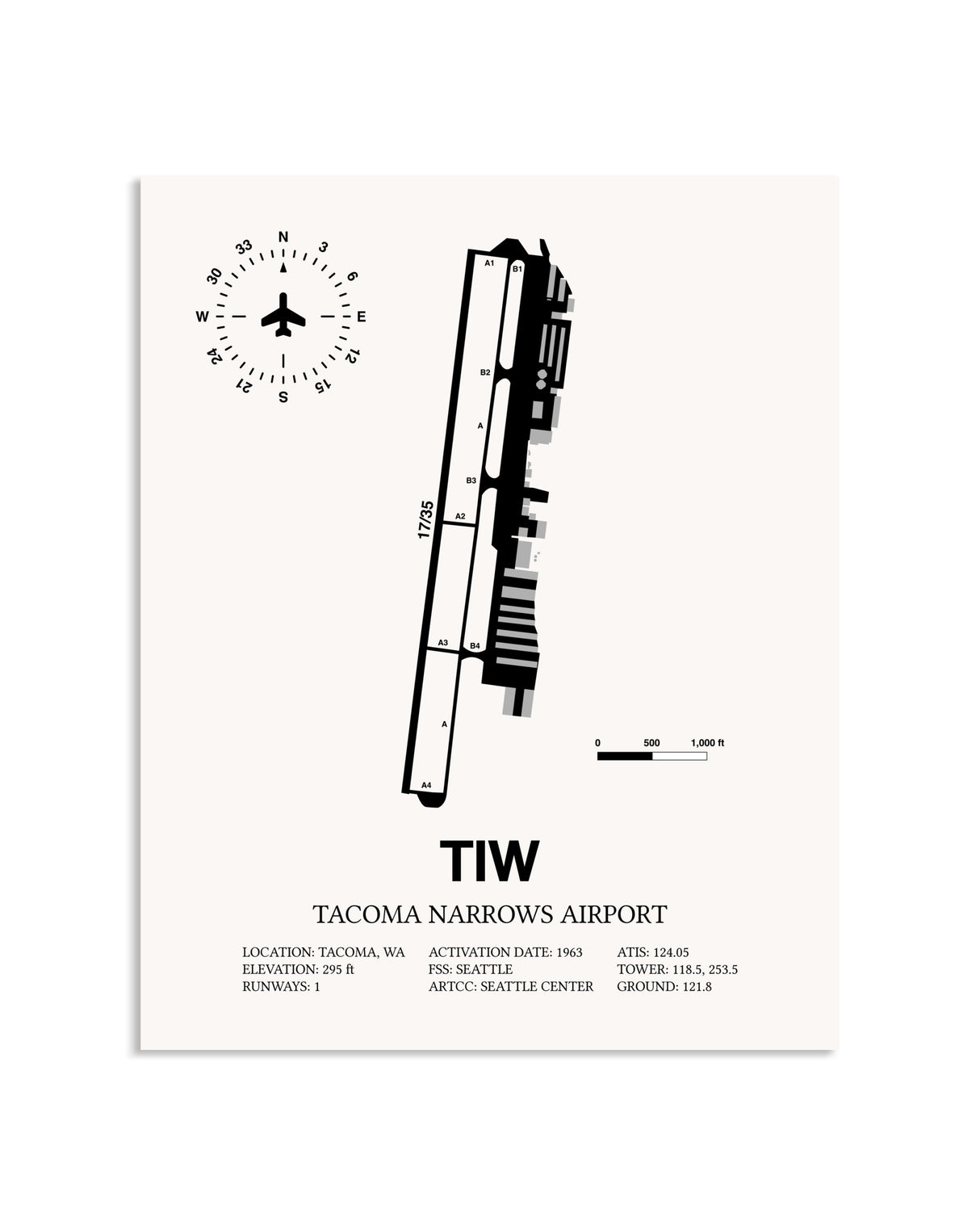 Gray Tacoma Narrows Airport framed poster displayed in an airplane hangar