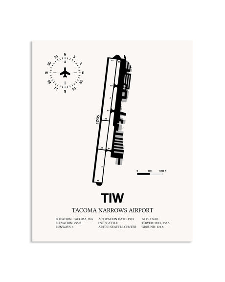 Gray Tacoma Narrows Airport framed poster displayed in an airplane hangar