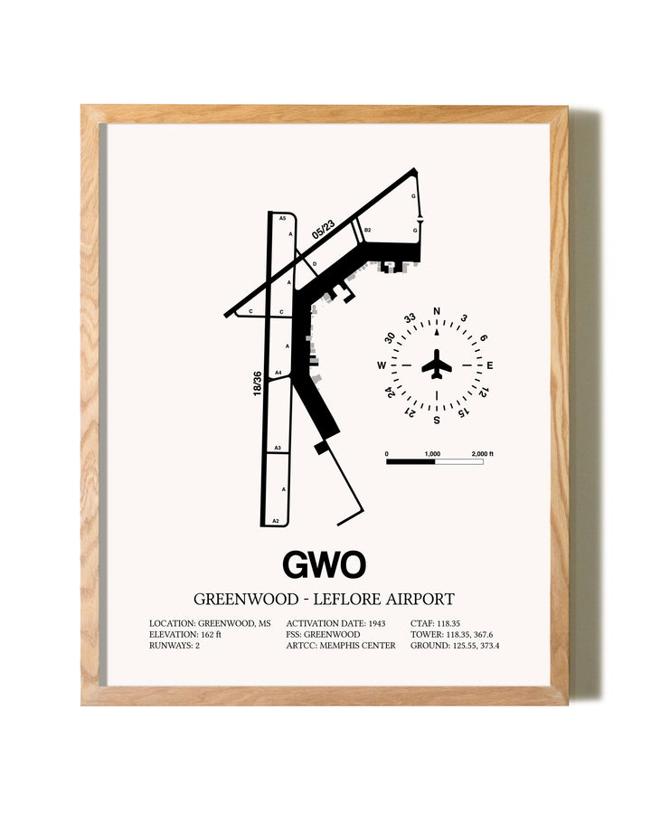 Greenwood-Leflore Airport framed print in natural wood frame