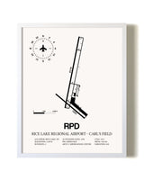 Rice Lake Regional Airport-Carl's Field airport map poster in oak frame