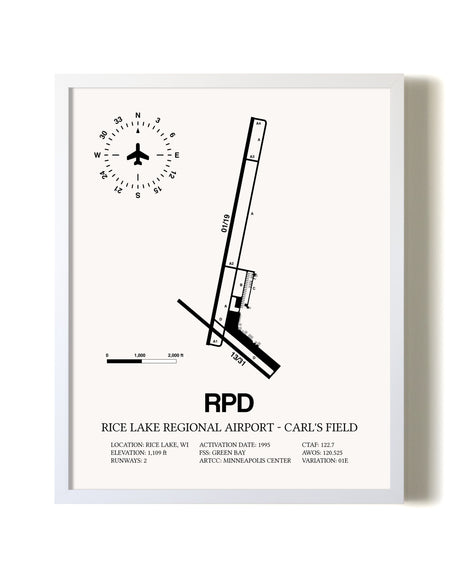 Rice Lake Regional Airport-Carl's Field airport map poster in oak frame