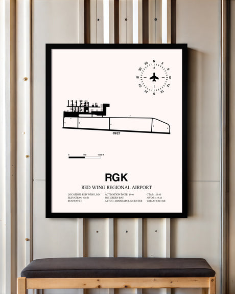 Red Wing Regional Airport framed poster displayed in an airplane hangar