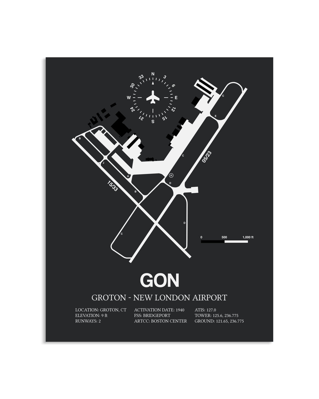 Gray Framed Groton-New London Airport layout wall art poster