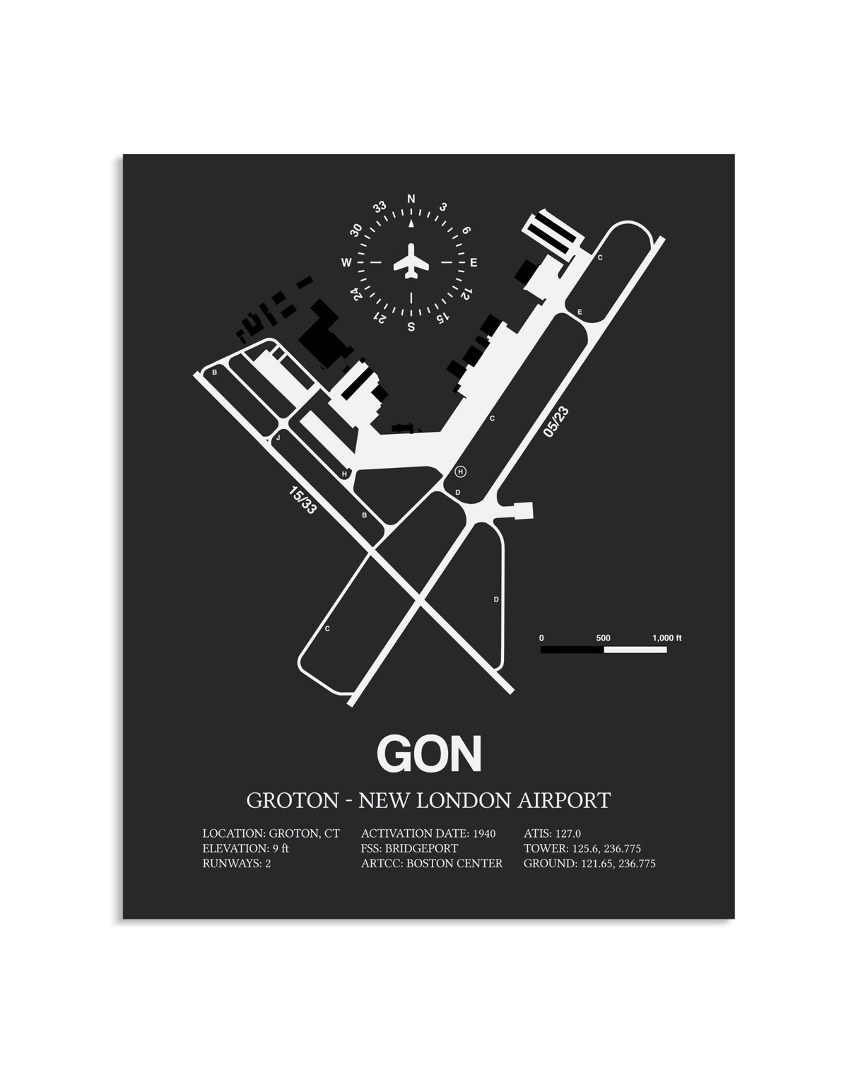 Gray Framed Groton-New London Airport layout wall art poster