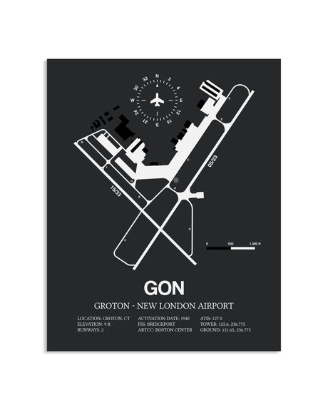 Gray Framed Groton-New London Airport layout wall art poster