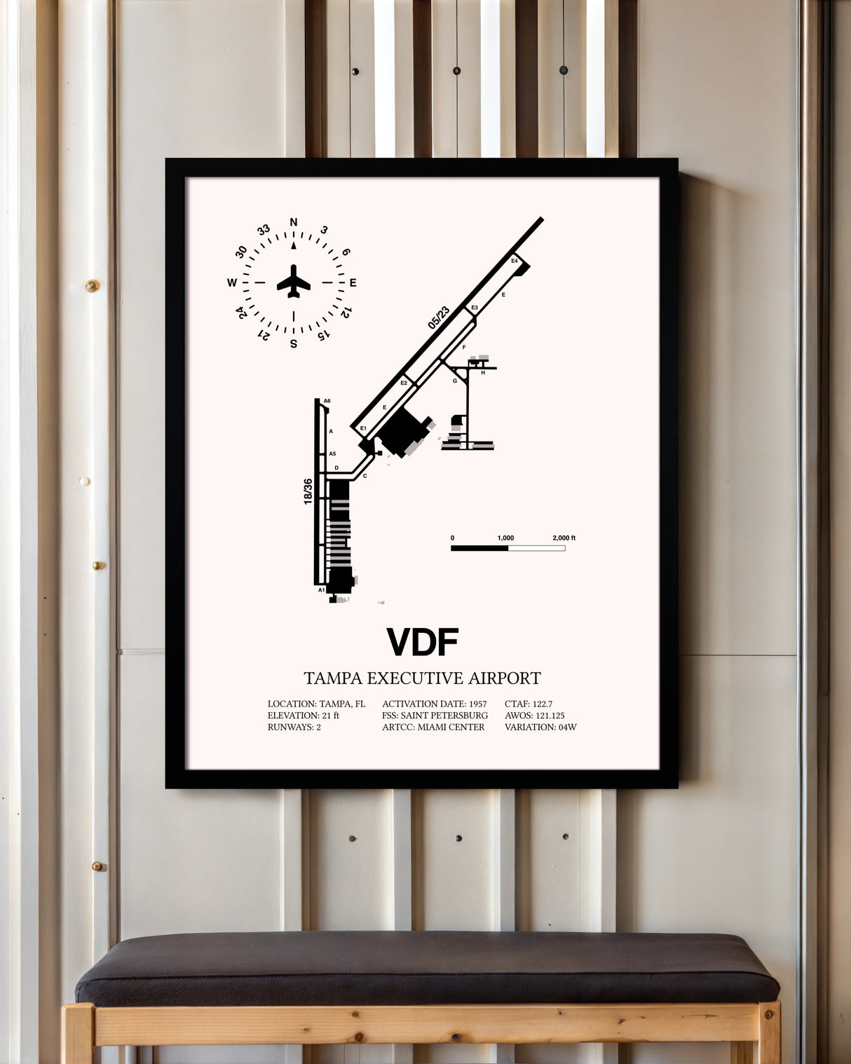Tampa Executive Airport framed poster displayed in an airplane hangar