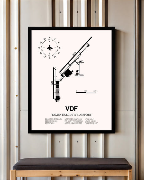 Tampa Executive Airport framed poster displayed in an airplane hangar
