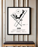 Groton-New London Airport framed poster displayed in an airplane hangar