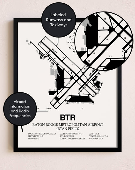 Framed Baton Rouge Metropolitan Airport (Ryan Field) layout wall art poster