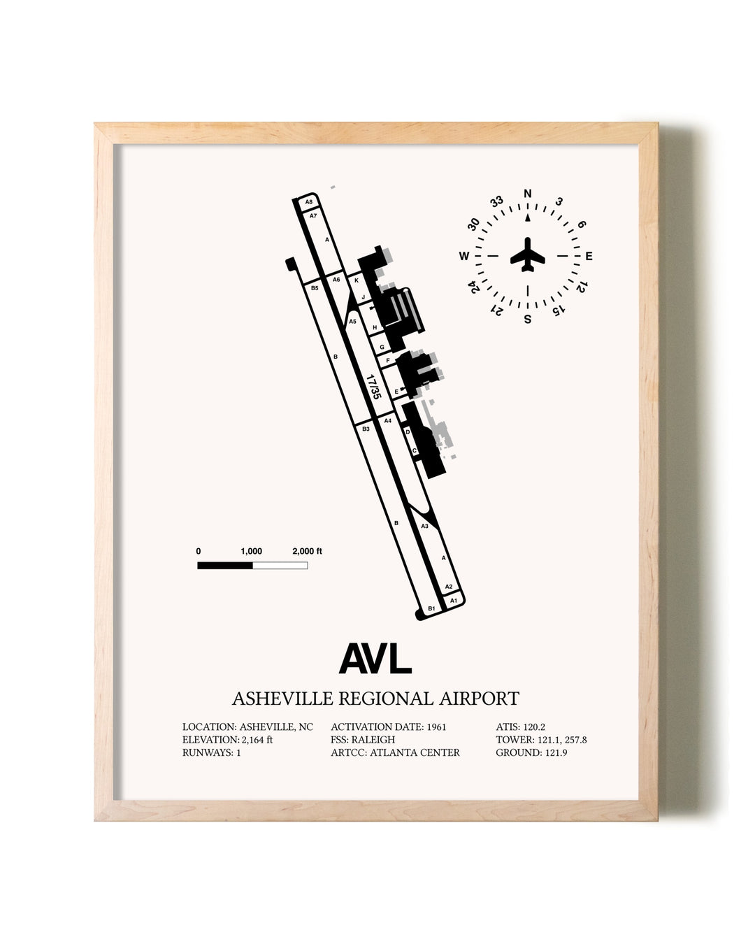 Asheville Regional Airport framed wall art in white frame