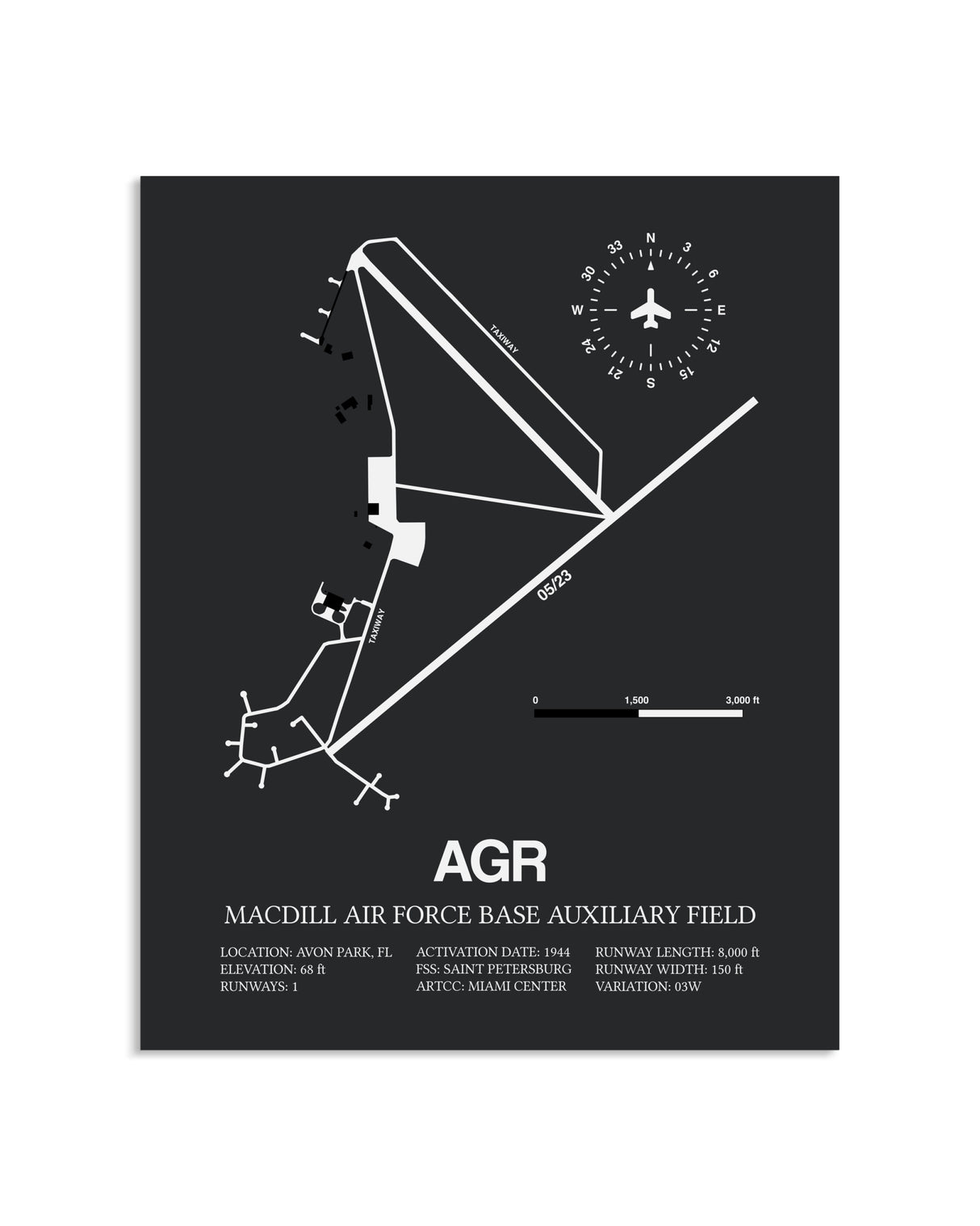 Gray Framed MacDill Air Force Base Auxiliary Field layout wall art poster