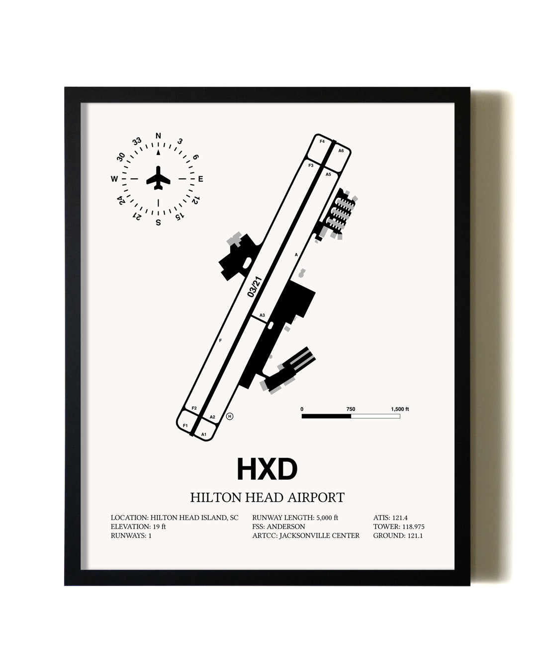 Framed Hilton Head Airport wall art poster in black frame