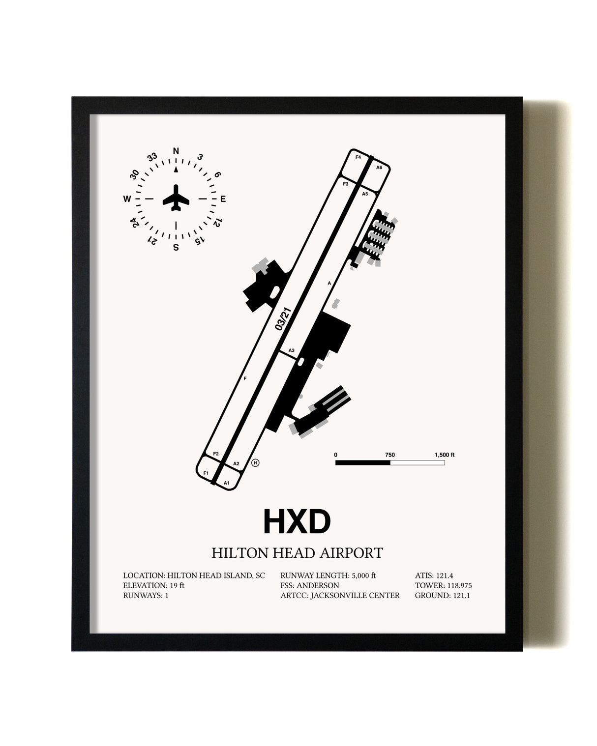Framed Hilton Head Airport wall art poster in black frame