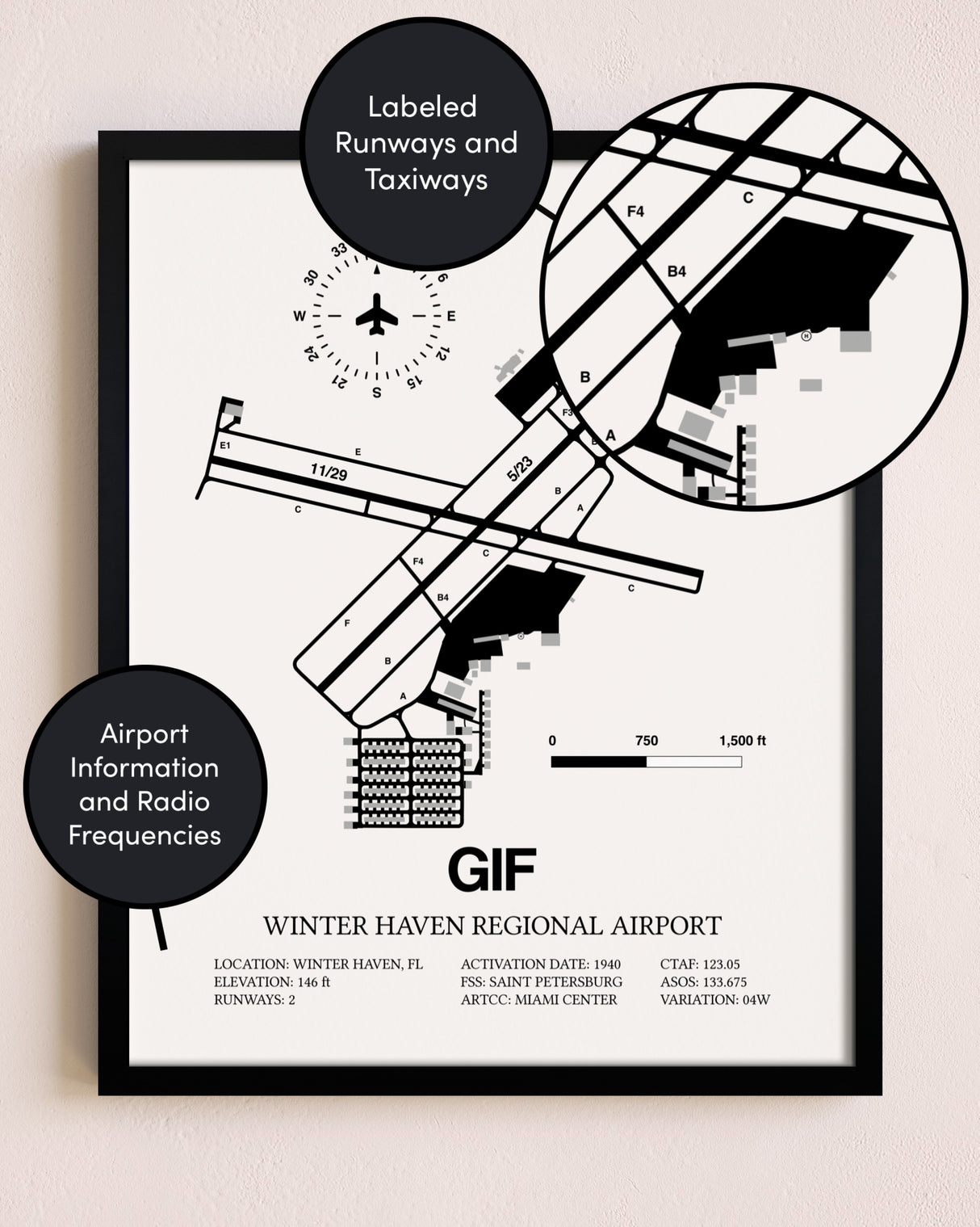 Framed Winter Haven Regional Airport layout wall art poster