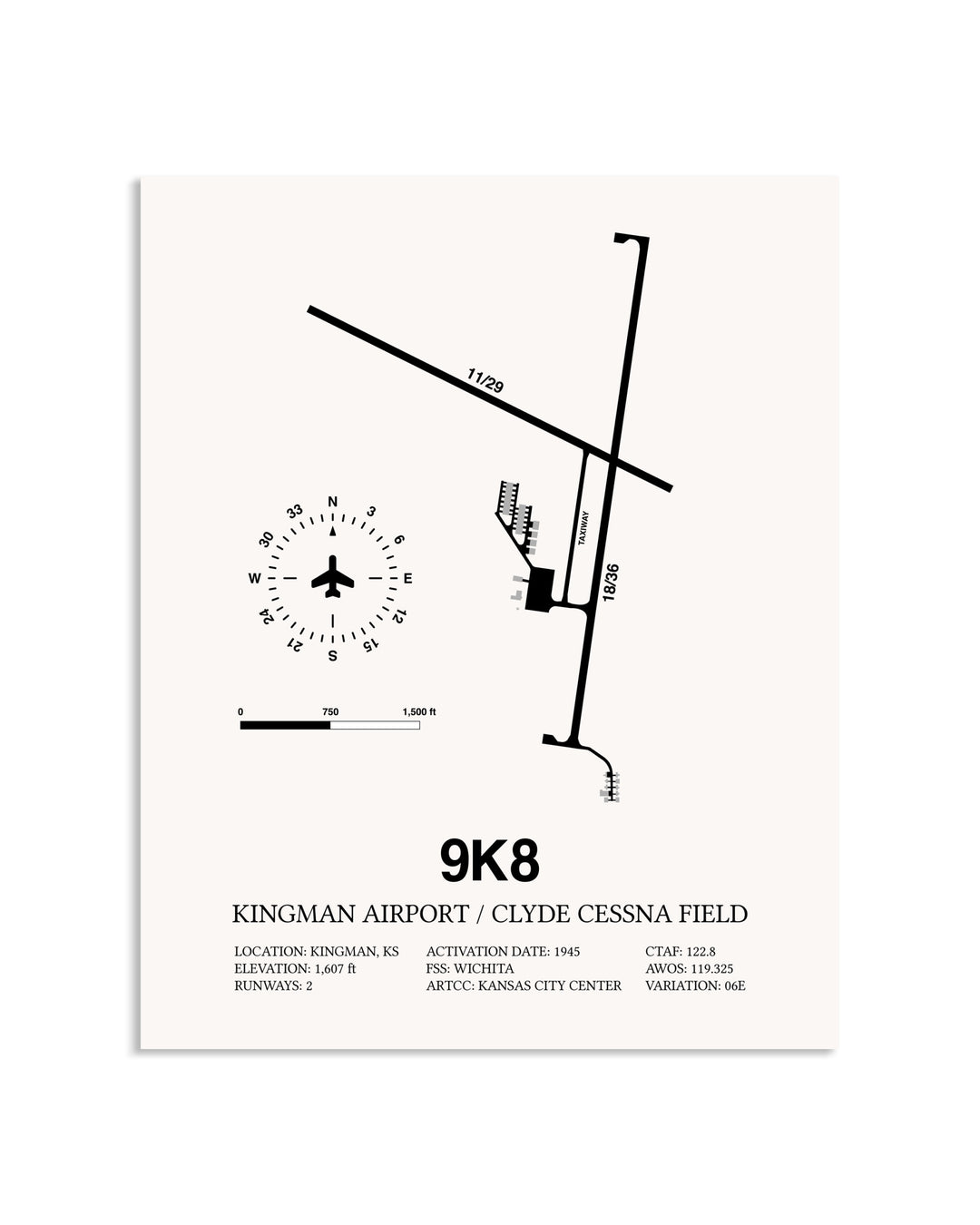 Gray Kingman Airport / Clyde Cessna Field framed poster displayed in an airplane hangar