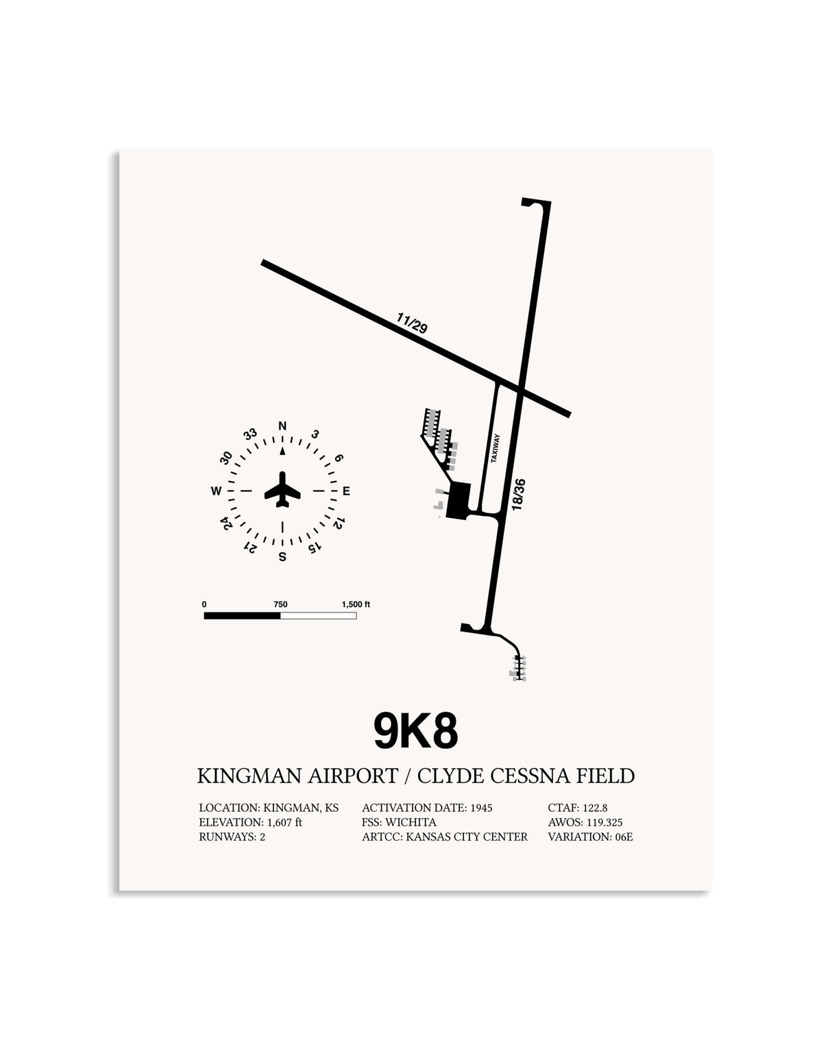 Gray Kingman Airport / Clyde Cessna Field framed poster displayed in an airplane hangar