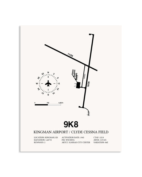 Gray Kingman Airport / Clyde Cessna Field framed poster displayed in an airplane hangar
