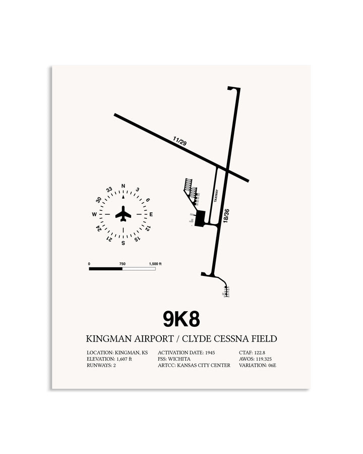 Gray Kingman Airport / Clyde Cessna Field framed poster displayed in an airplane hangar