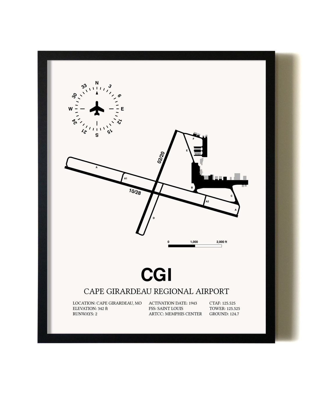 Framed Cape Girardeau Regional Airport wall art poster in black frame
