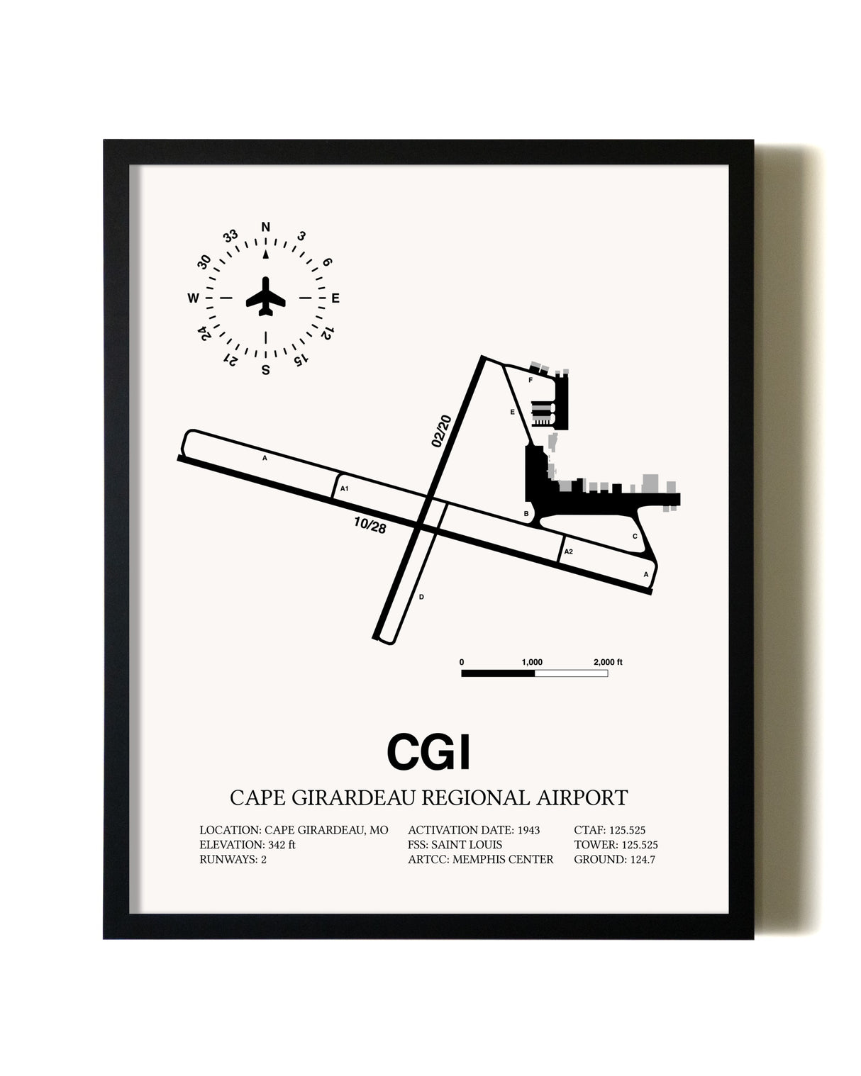 Framed Cape Girardeau Regional Airport wall art poster in black frame