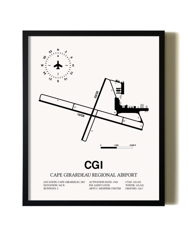 Framed Cape Girardeau Regional Airport wall art poster in black frame