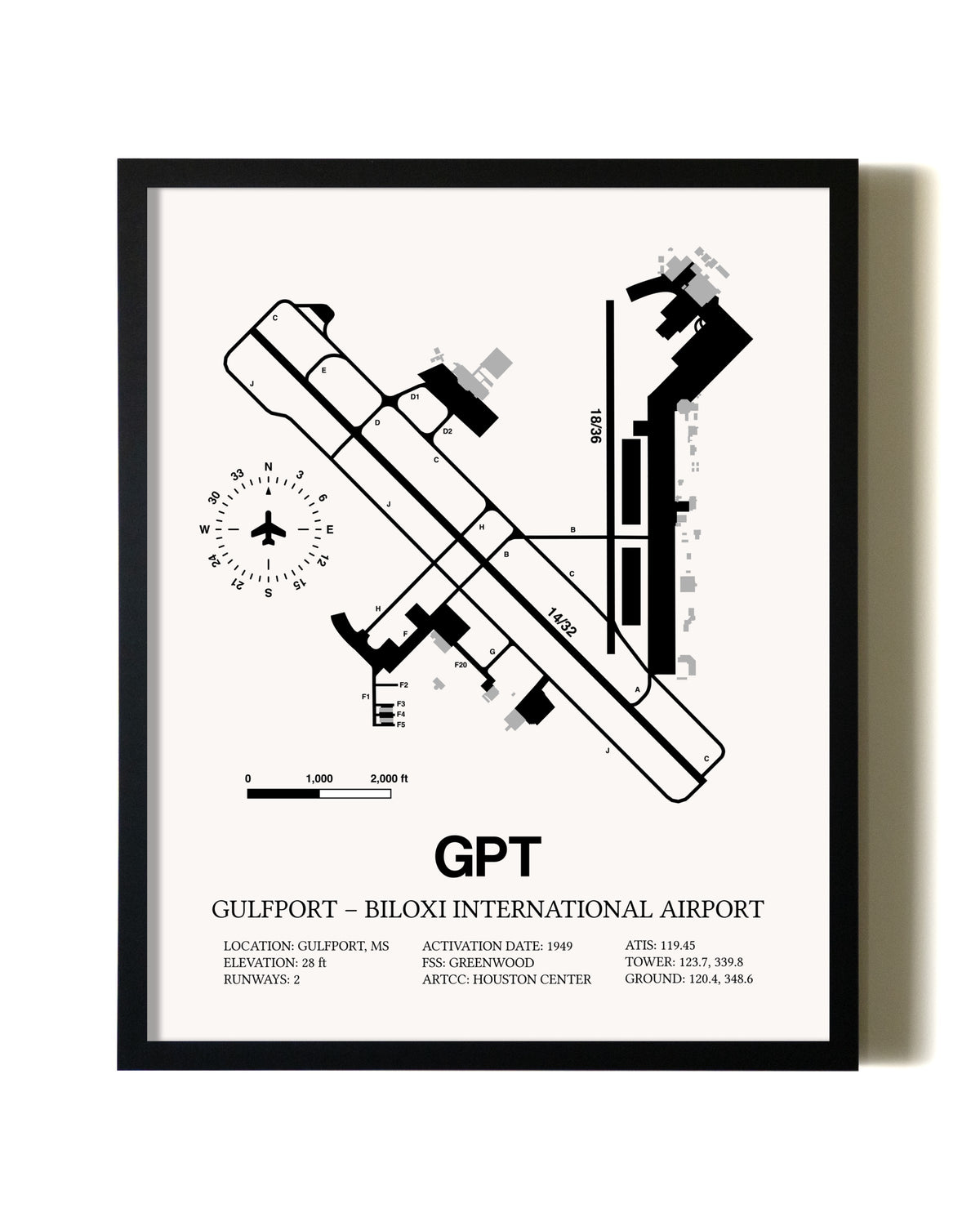 Framed Gulfport-Biloxi International Airport wall art poster in black frame