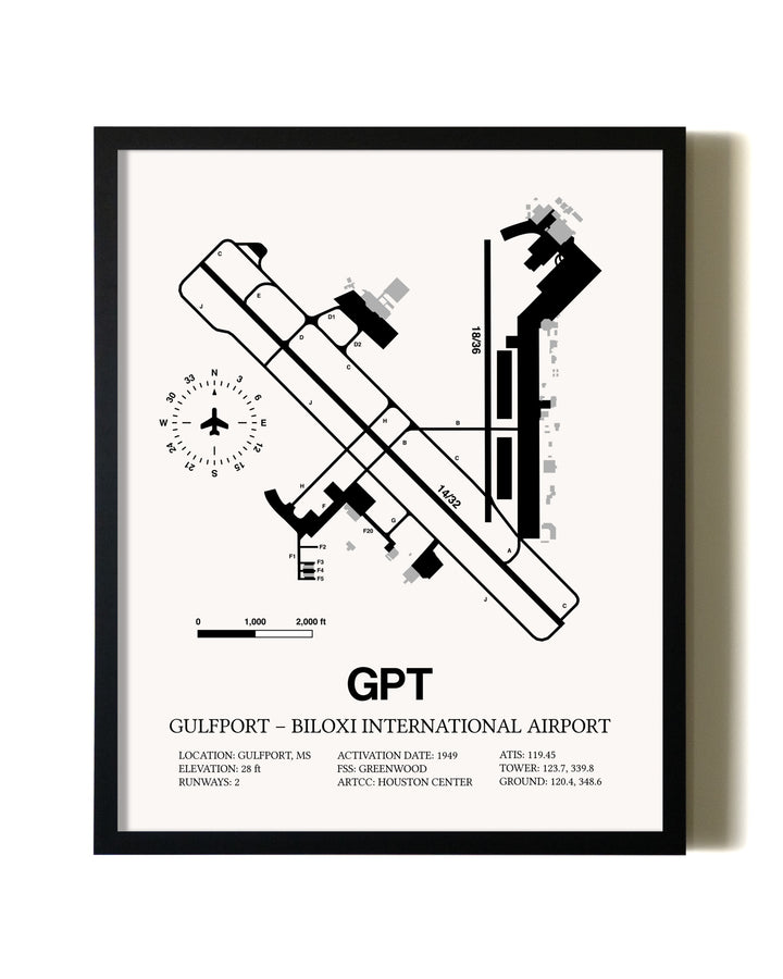 Framed Gulfport-Biloxi International Airport wall art poster in black frame
