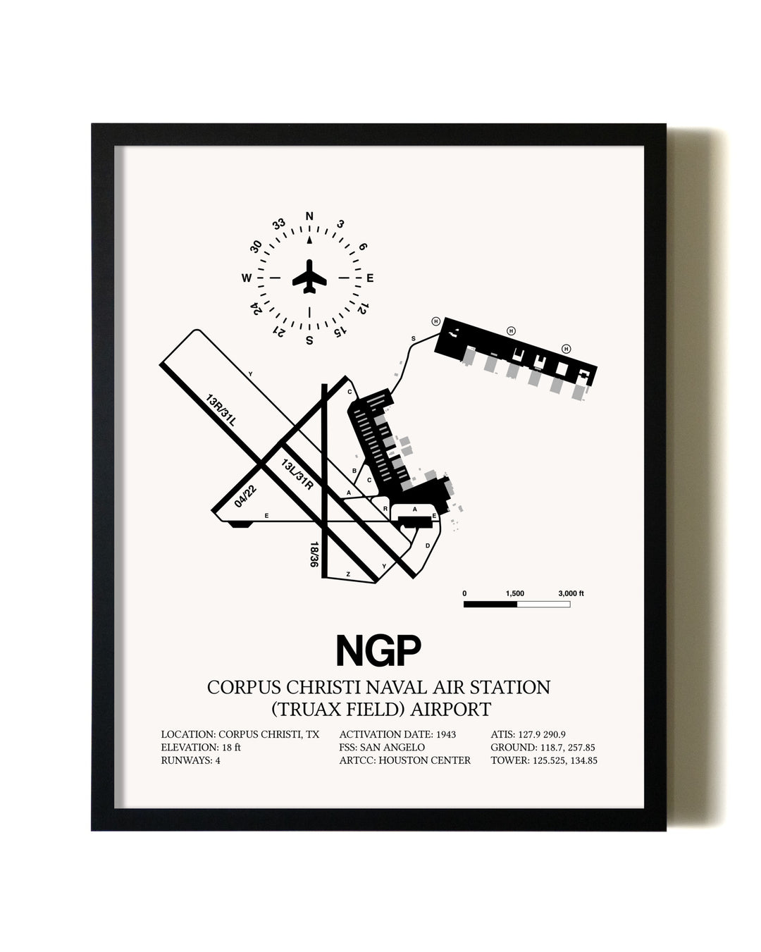 Framed Corpus Christi Naval Air Station (Truax Field) Airport wall art poster in black frame