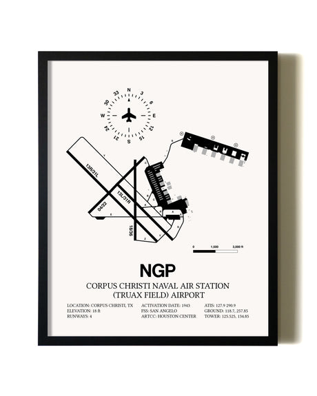 Framed Corpus Christi Naval Air Station (Truax Field) Airport wall art poster in black frame