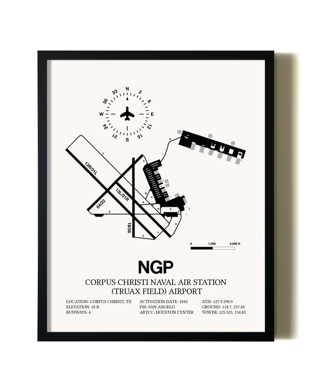 Framed Corpus Christi Naval Air Station (Truax Field) Airport wall art poster in black frame