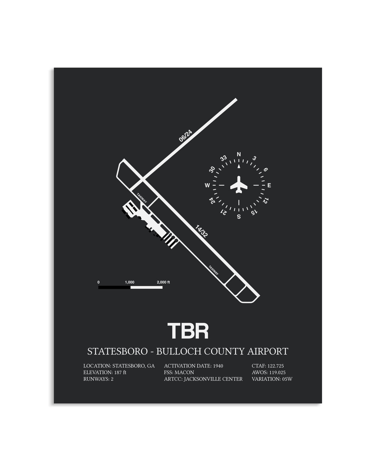 Gray Framed Statesboro-Bulloch County Airport layout wall art poster