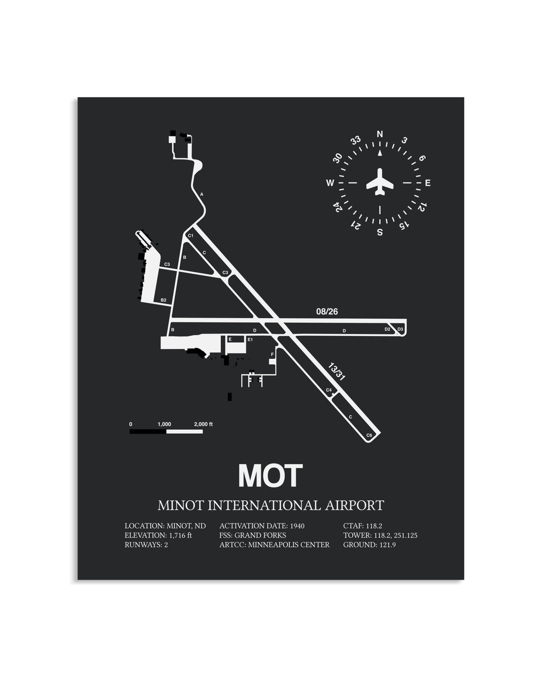 Gray Framed Minot International Airport layout wall art poster