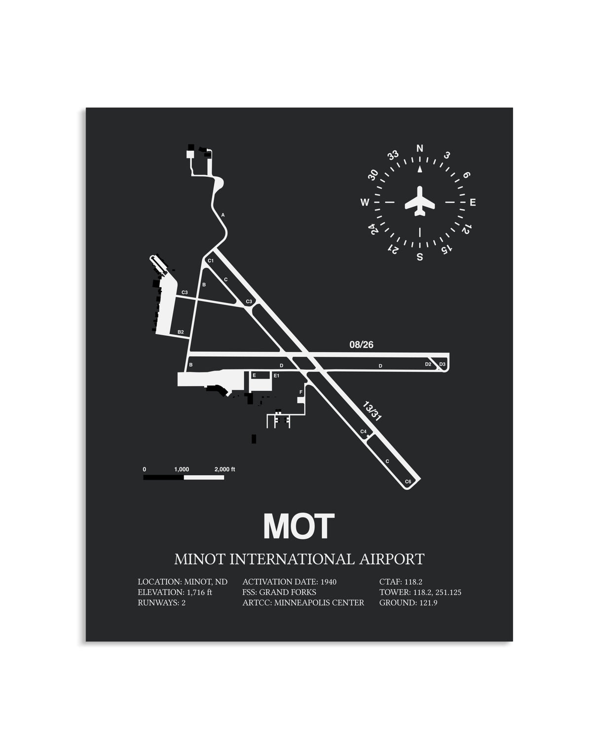 Gray Framed Minot International Airport layout wall art poster