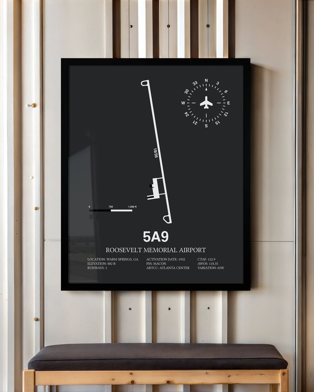 Framed Detailed Airport Map of Roosevelt Memorial Airport (5A9) in Gray with a Black Frame