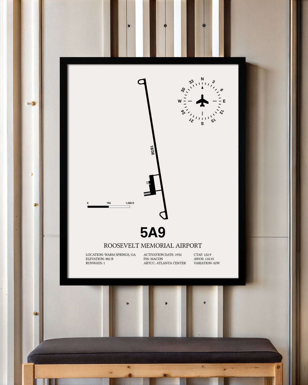 Framed Detailed Airport Map of Roosevelt Memorial Airport (5A9) in White with a Black Frame