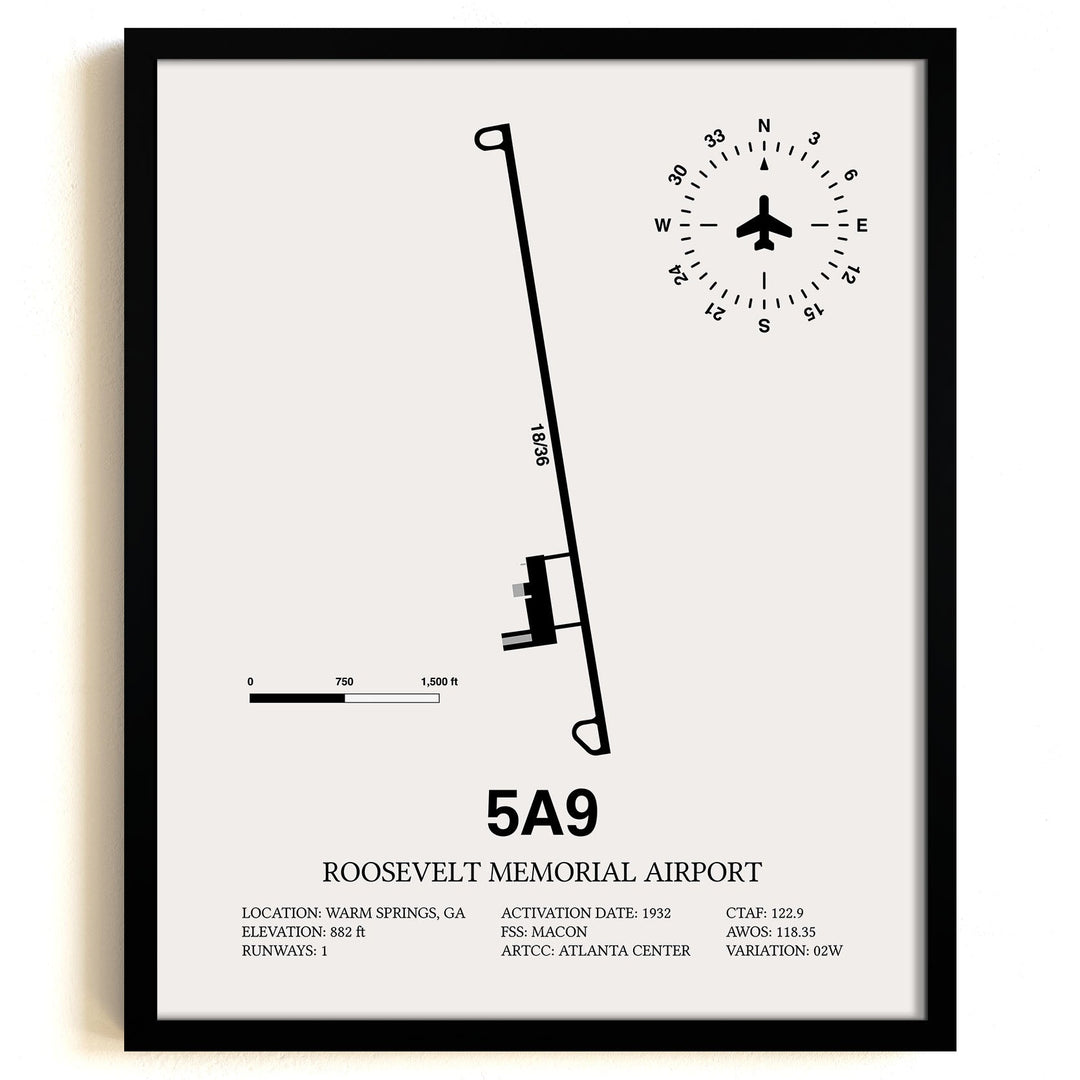 Framed Detailed Airport Map of Roosevelt Memorial Airport (5A9) in White with a Black Frame