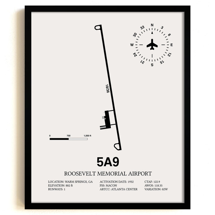 Framed Detailed Airport Map of Roosevelt Memorial Airport (5A9) in White with a Black Frame