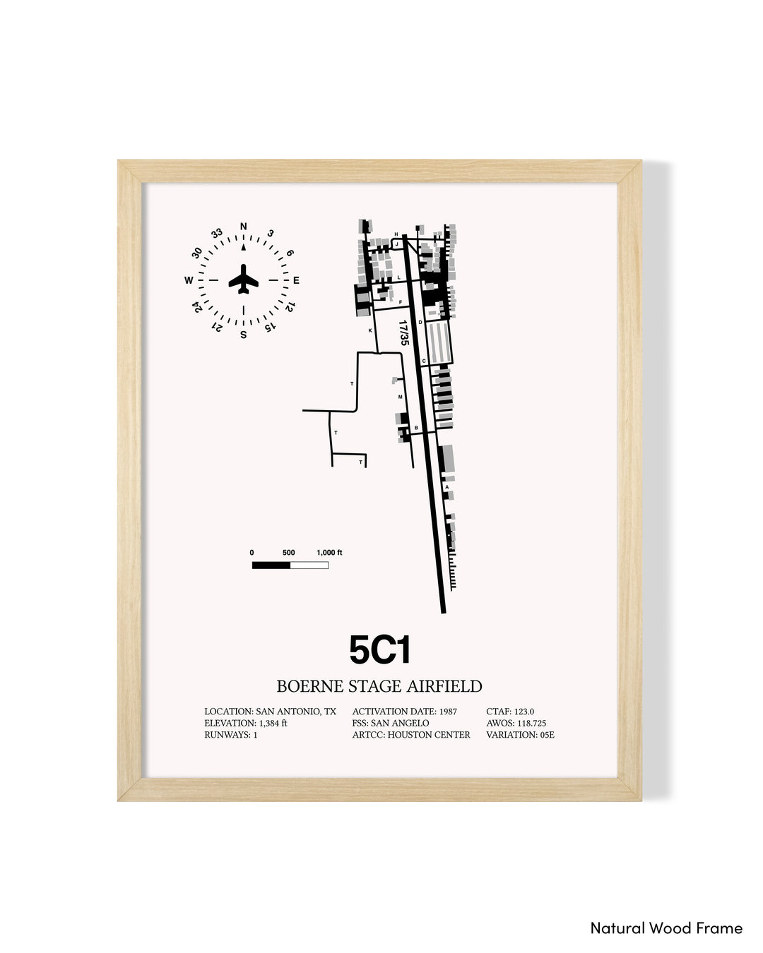 Detailed Airport Map of Boerne Stage Field (5C1) in White with a Natural Frame