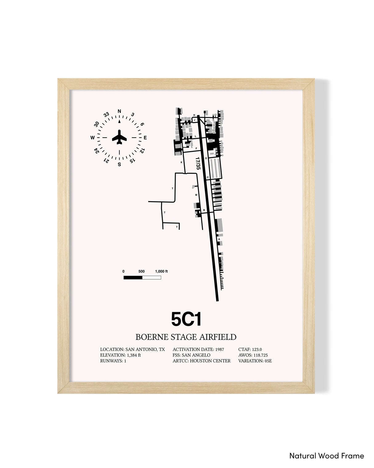 Detailed Airport Map of Boerne Stage Field (5C1) in White with a Natural Frame