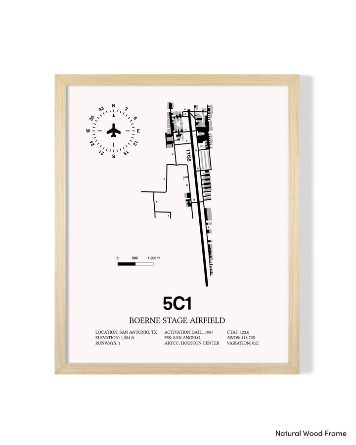 Detailed Airport Map of Boerne Stage Field (5C1) in White with a Natural Frame