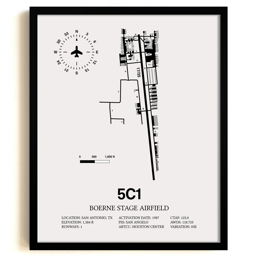 Framed Detailed Airport Map of Boerne Stage Field (5C1) in White with a Black Frame