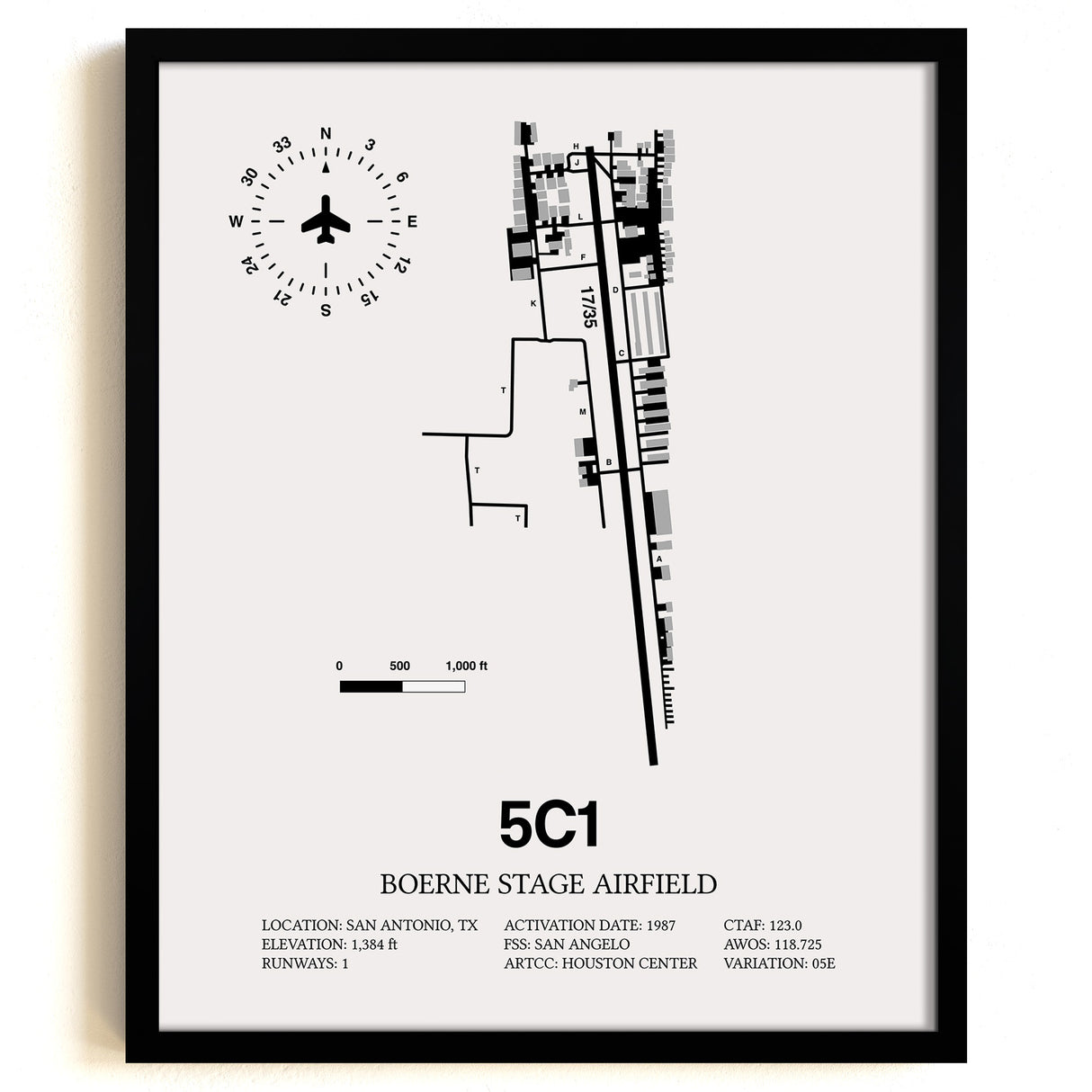 Framed Detailed Airport Map of Boerne Stage Field (5C1) in White with a Black Frame