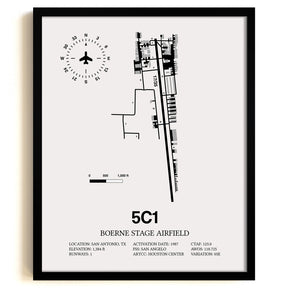 Framed Detailed Airport Map of Boerne Stage Field (5C1) in White with a Black Frame