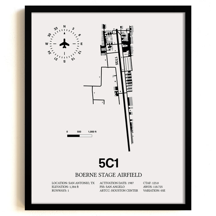 Framed Detailed Airport Map of Boerne Stage Field (5C1) in White with a Black Frame