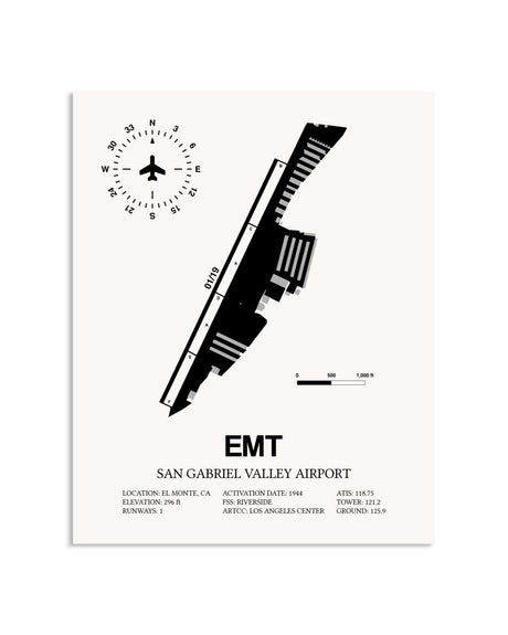 Gray San Gabriel Valley Airport framed poster displayed in an airplane hangar
