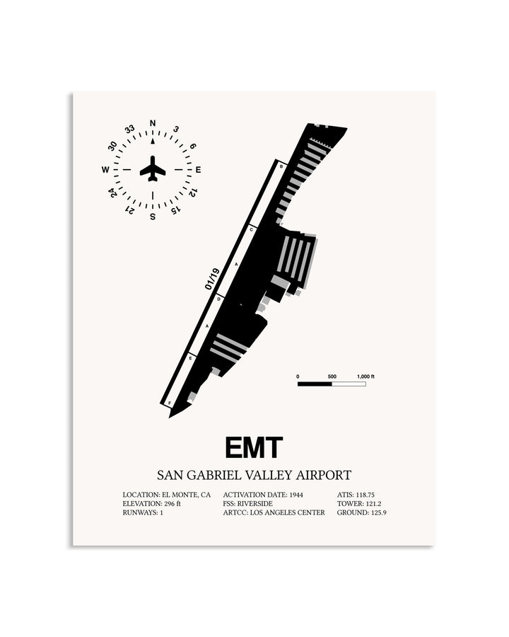 Gray San Gabriel Valley Airport framed poster displayed in an airplane hangar