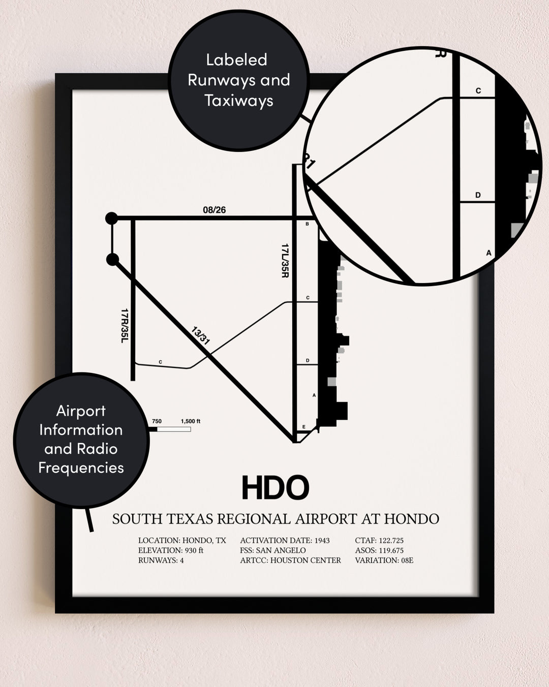 Framed South Texas Regional Airport At Hondo layout wall art poster